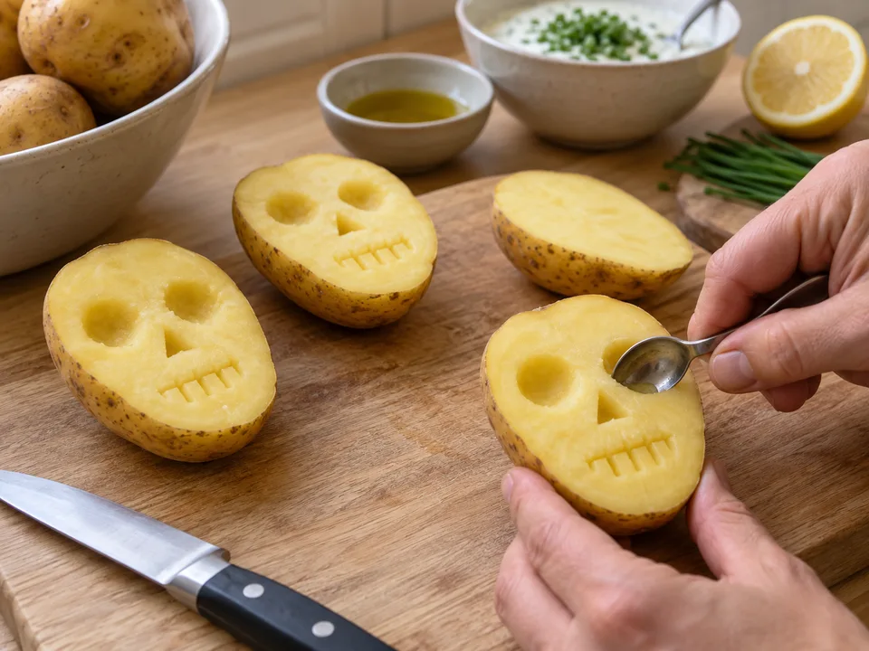 Zwei flache Augenhöhlen ausheben und Nase sowie kleine Zahnkerben in die Schnittseite ritzen.