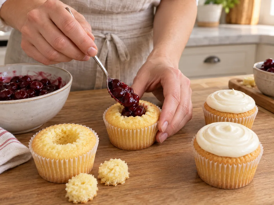 Den geschlossenen Cupcakeboden erhalten, den kleinen Hohlraum mit Kirschfüllung füllen und flache Cremehauben aufspritzen.