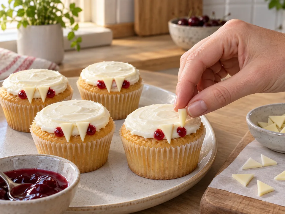 Zwei kleine Kirschsaucenpunkte setzen und je zwei feste Schokodreiecke als Fangzähne in die Creme stecken.
