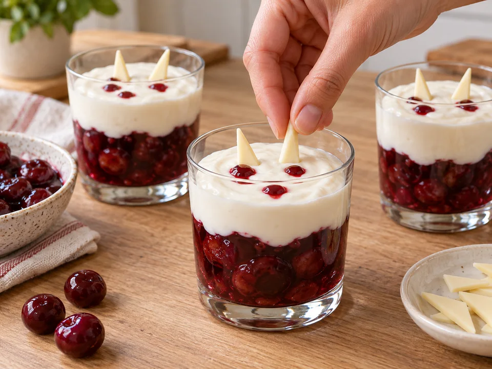 Auf die kalte Kirschgrütze Quarkcreme, je zwei Schokozähne und wenige Saucetropfen geben.