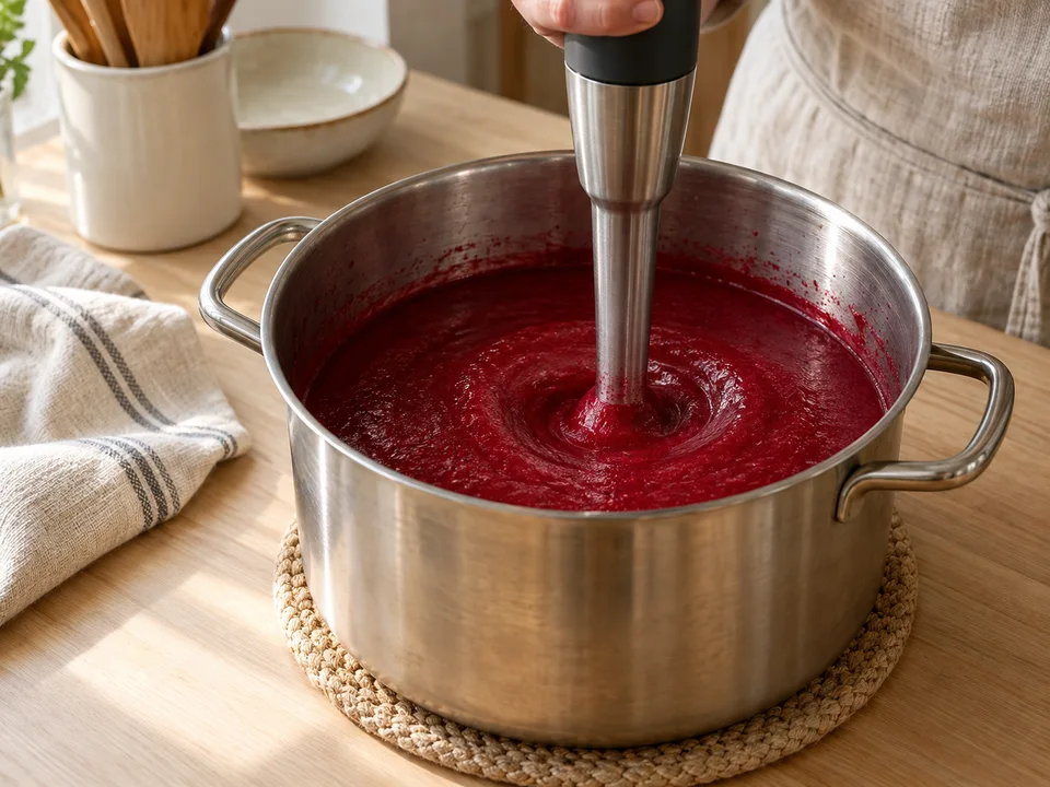 Den Topf vom Herd nehmen und die weich gegarte Suppe mit untergetauchtem Mixkopf glatt pürieren.
