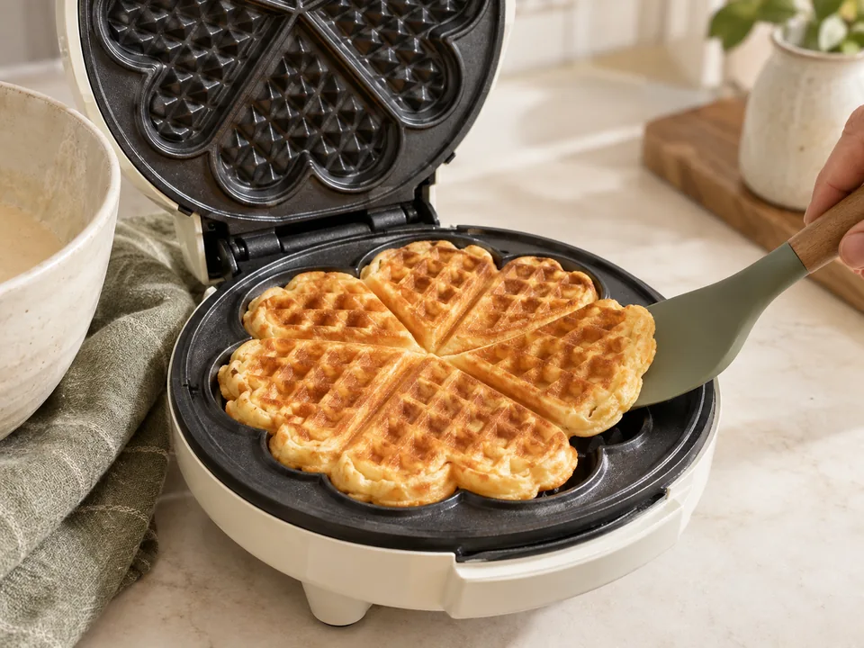 Das Eisen erst öffnen, wenn die Waffel goldbraun ist und sich zusammenhängend von den Platten löst.