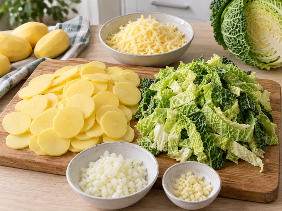 Kartoffeln dünn hobeln und Wirsing in kurze Streifen schneiden.