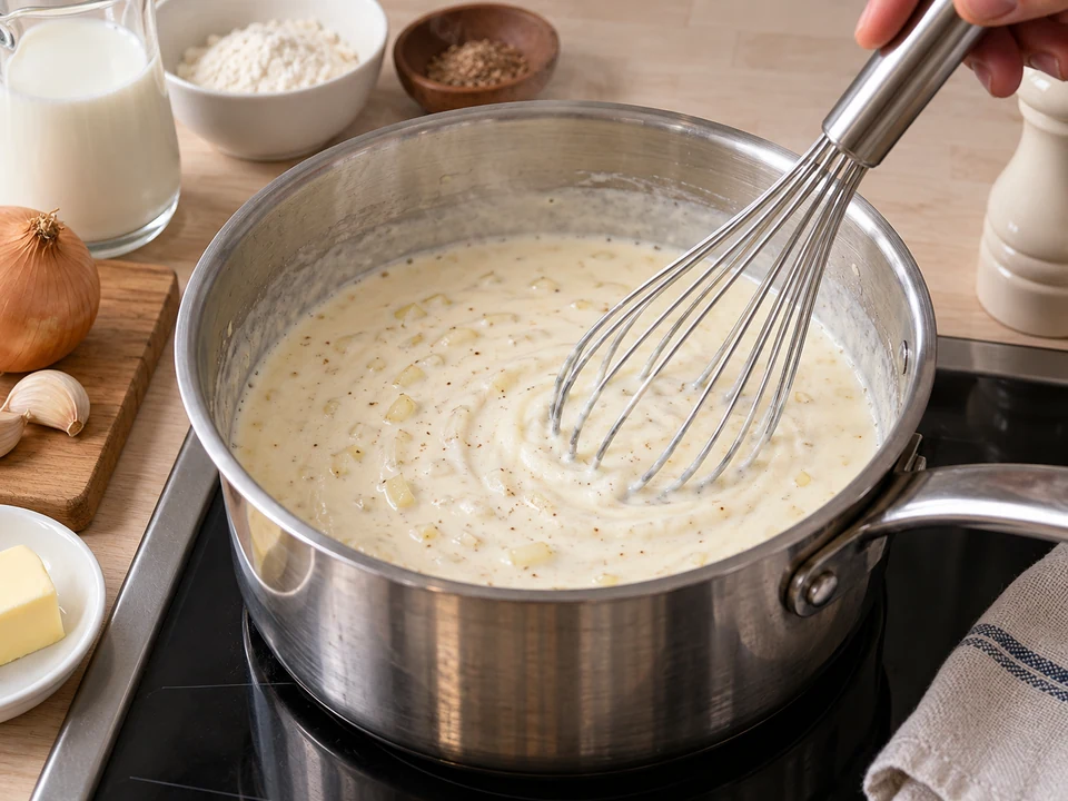 Die helle Sauce mit Milch und Sahne klumpenfrei kochen.