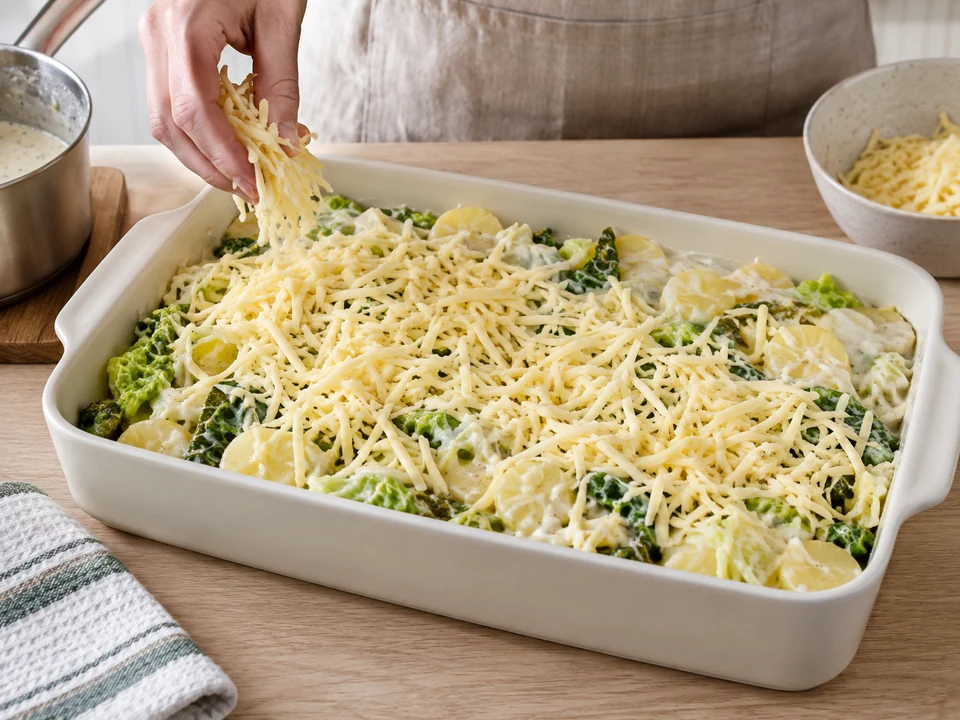 Gemüse und Sauce in die Form geben und mit Gouda bedecken.