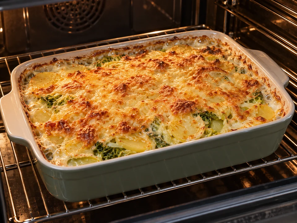 Das Gratin backen, bis die Kartoffeln weich und der Käse goldbraun sind.