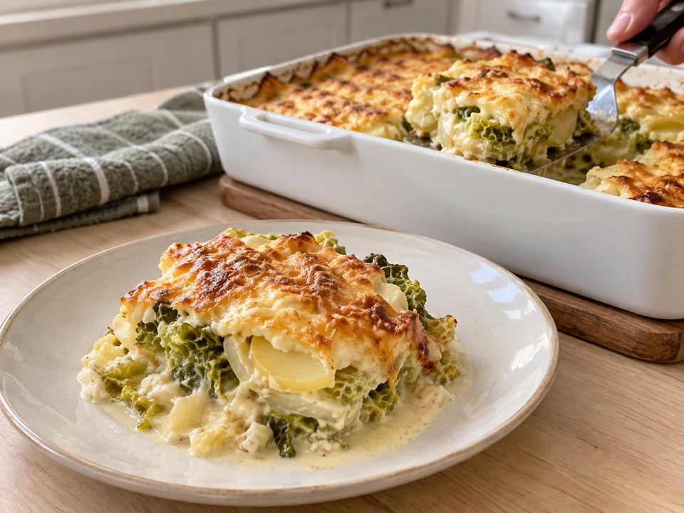 Das Gratin kurz setzen lassen und in vier Portionen teilen.