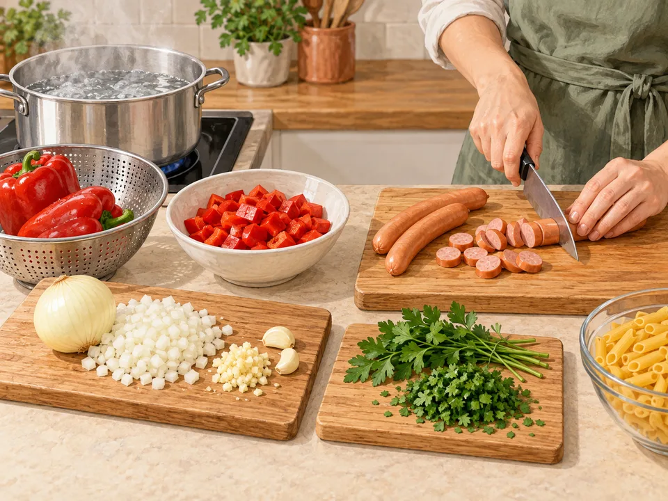 Würstchen und Gemüse für das Gulasch schneiden.