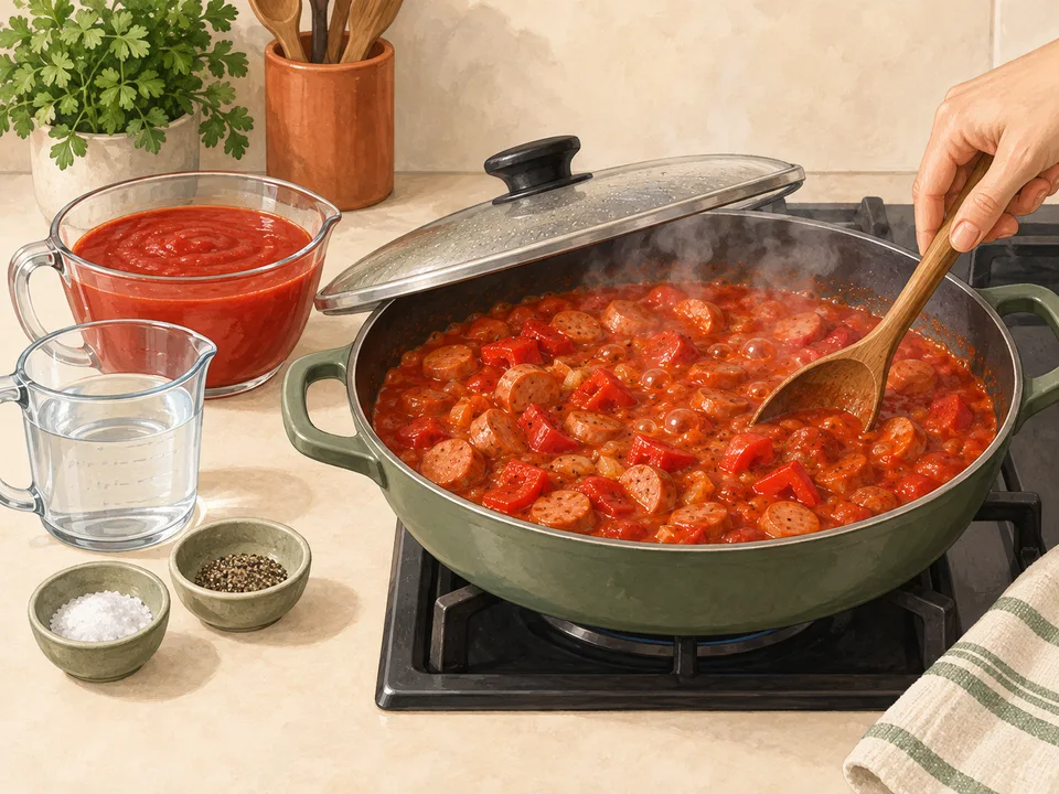 Die Tomatensauce mit den Würstchen köcheln lassen.