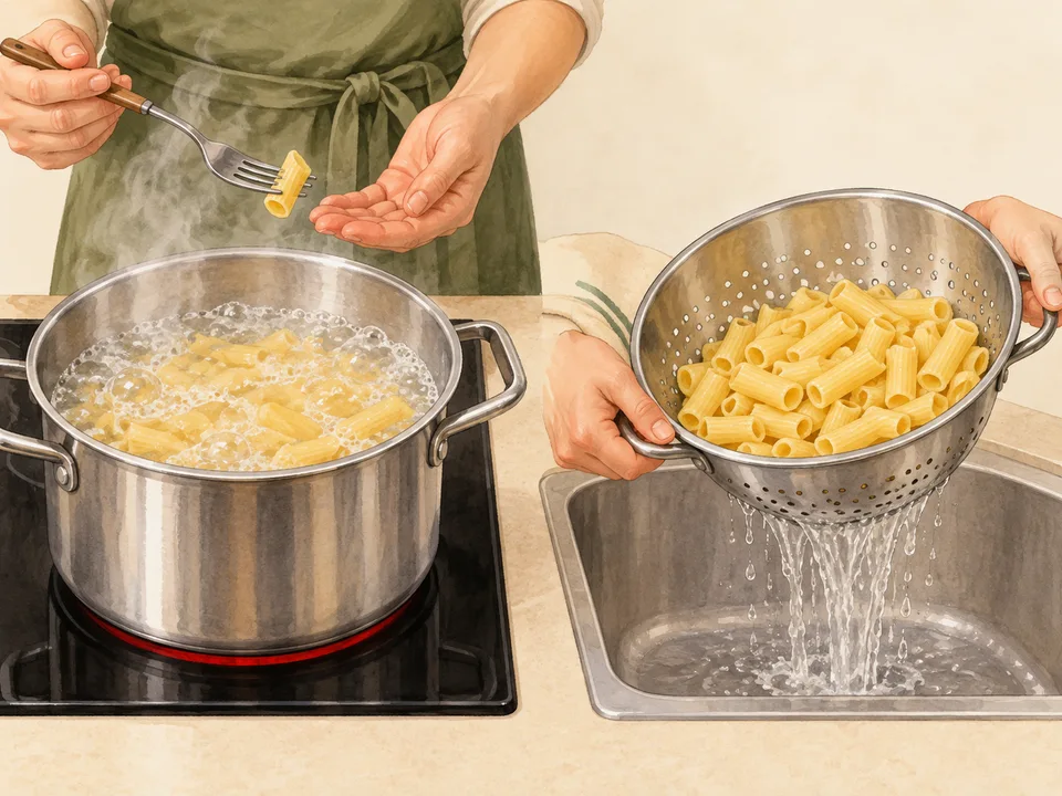 Nudeln kochen und in ein Sieb abgießen.