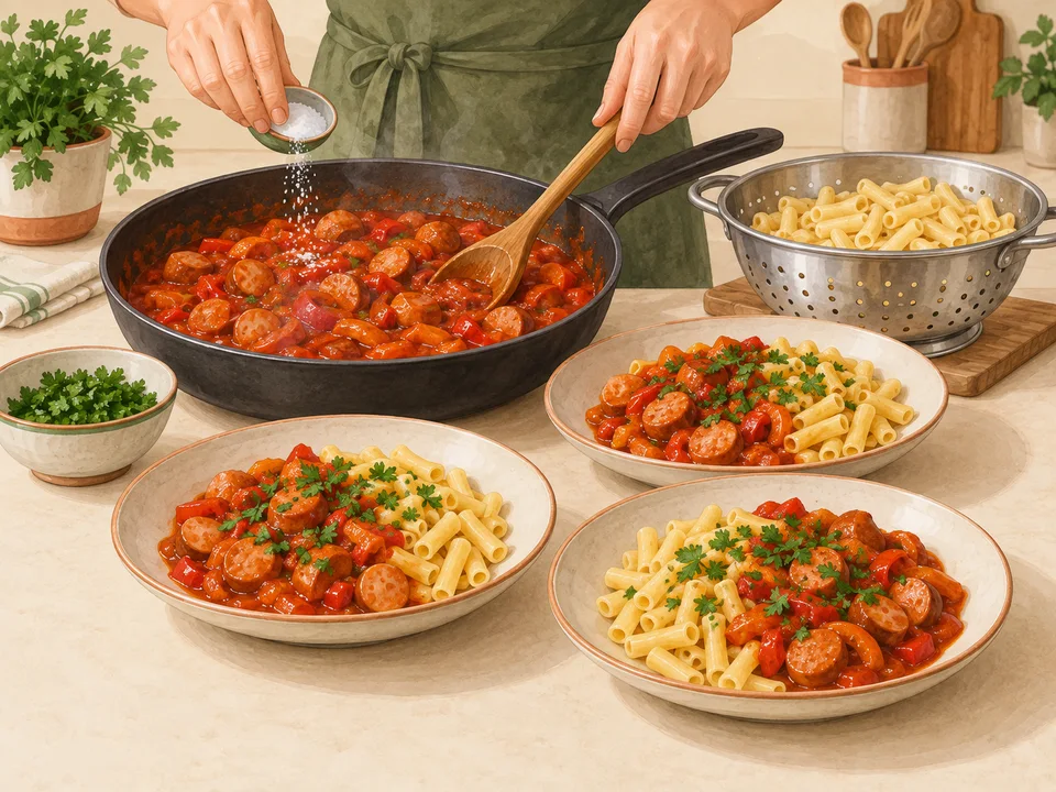 Nudeln mit dem Wurstgulasch vermischen und anrichten.