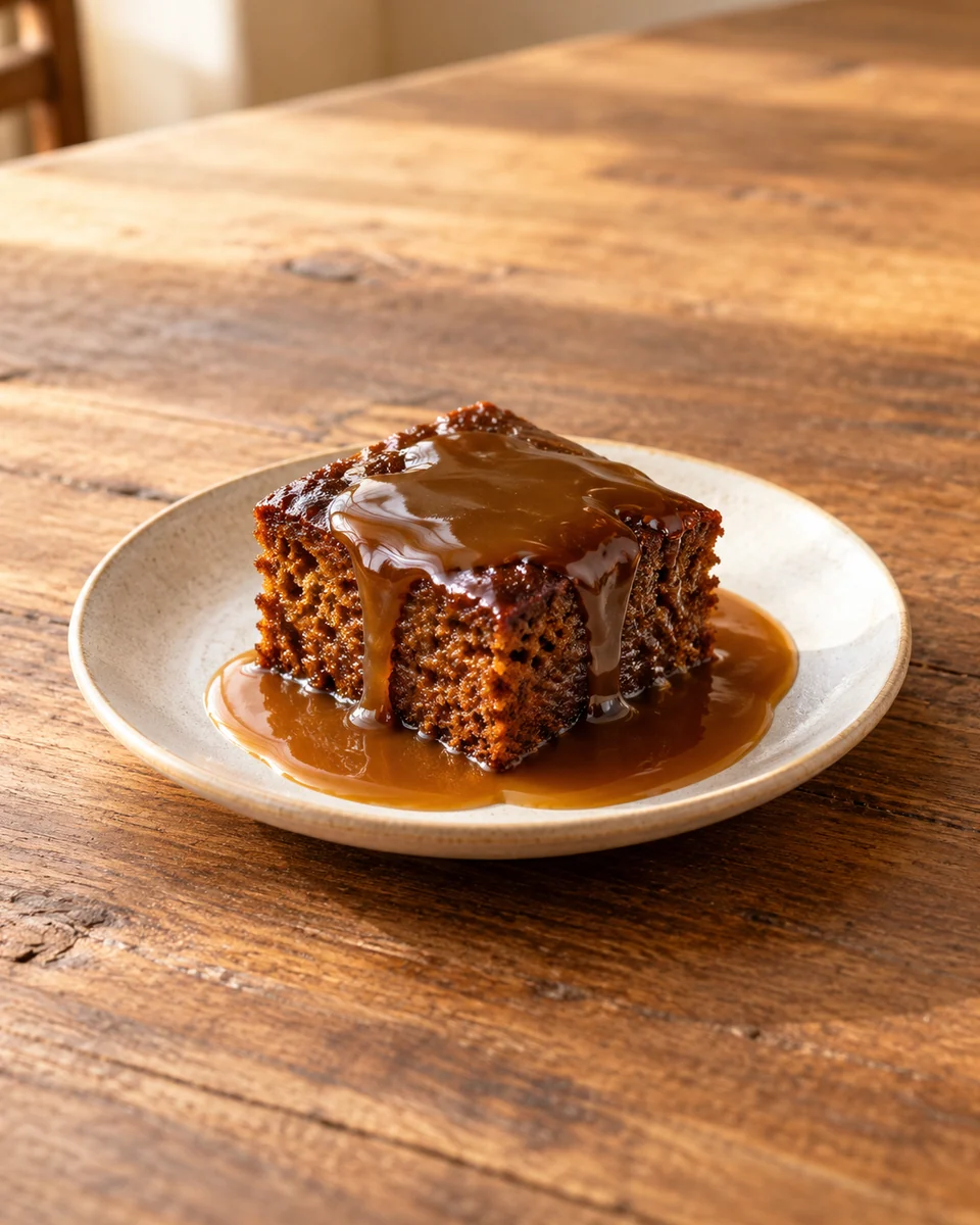 Warmes Stück Sticky Toffee Pudding mit glänzender Toffeesauce auf einem hellen Teller