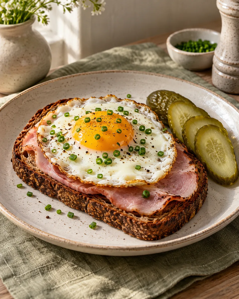 Strammer Max mit Schinken und Spiegelei – KI-generierte Rezeptillustration
