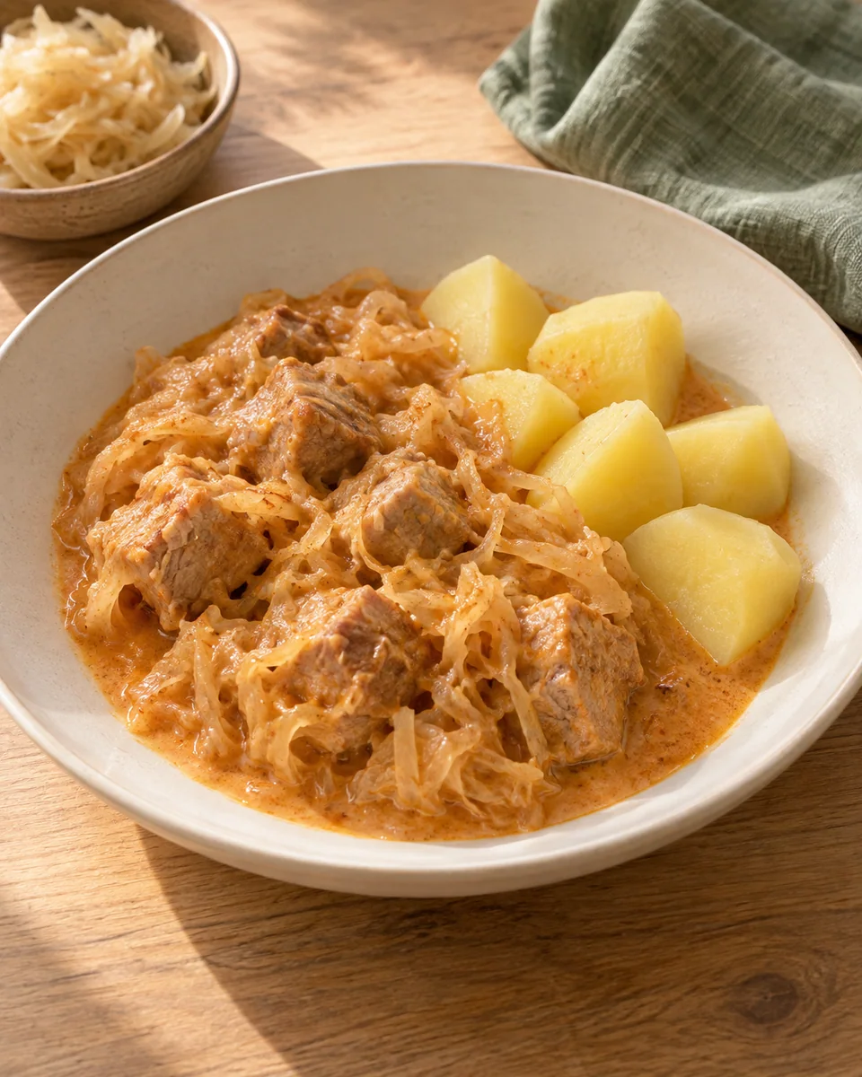 Szegediner Gulasch mit Kartoffeln – KI-generierte Rezeptillustration