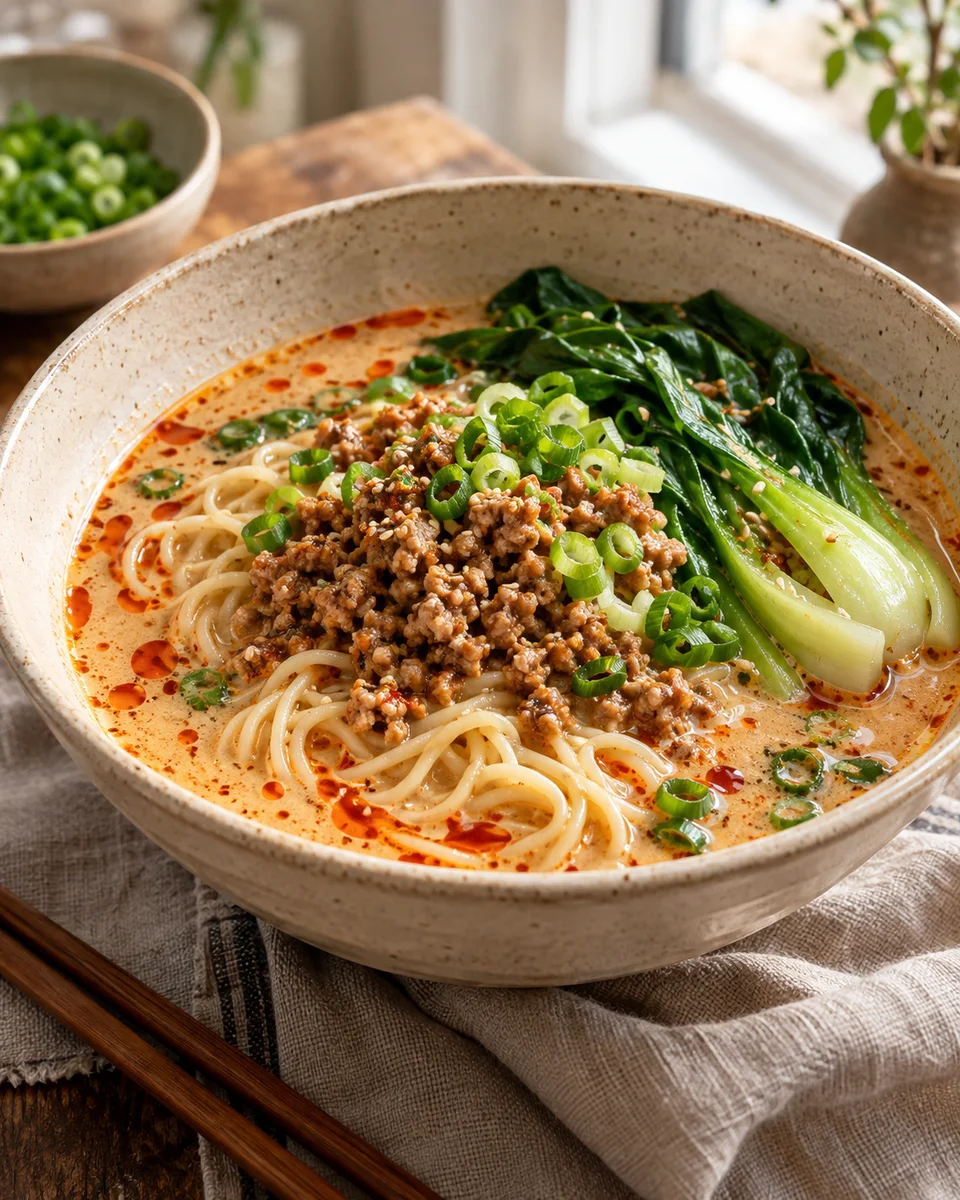 Tantan-Ramen mit würzigem Hack und Sesam, als fertiges Gericht angerichtet. KI-generierte Rezeptillustration.