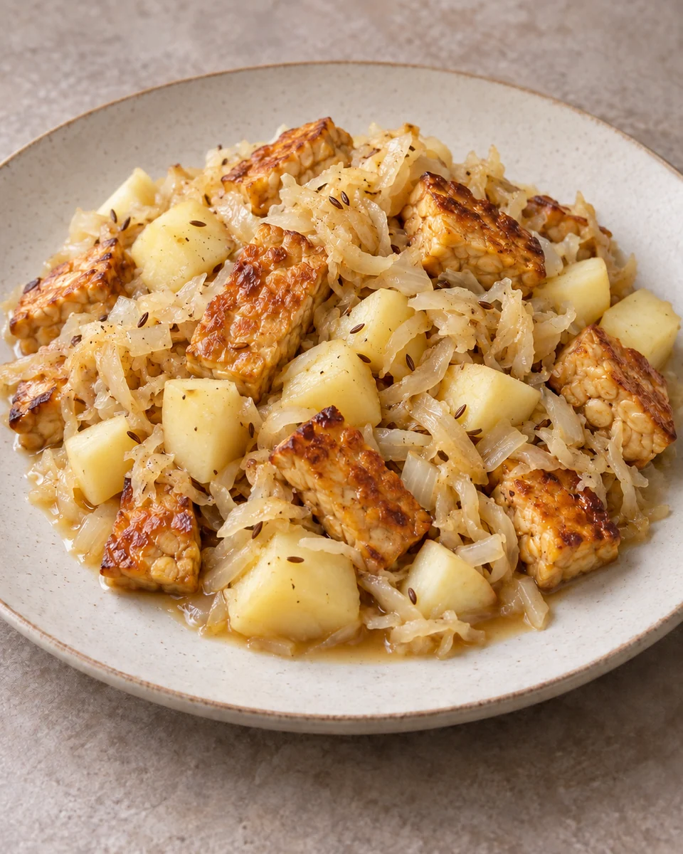 KI-generierte Darstellung: Goldbraune Tempehstücke, Kartoffelwürfel und Sauerkraut mit kleinen Apfelstücken auf einem saftigen Hauptportionsteller