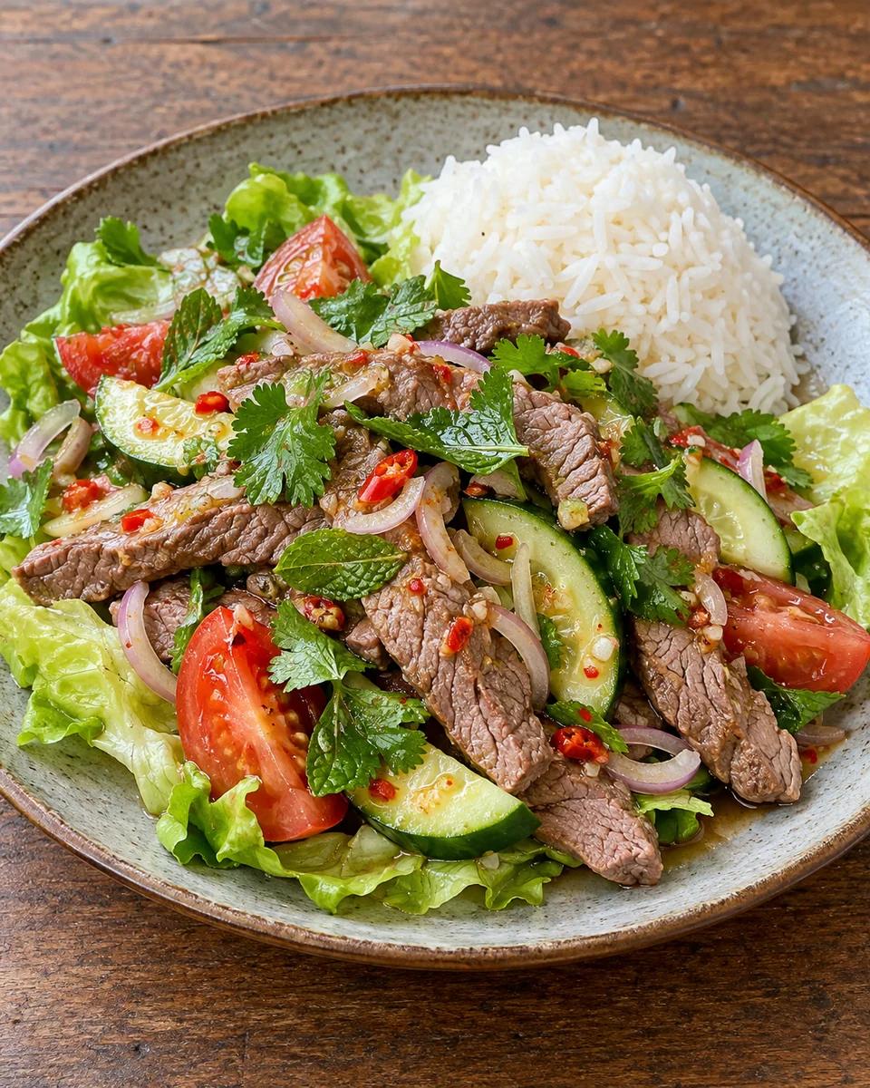 KI-generierte Rezeptillustration: durchgegarte dünne Rinderhüftstreifen auf Gurke, Tomaten und Kopfsalat mit Minze und Koriander; kleine Reisbeilage daneben.