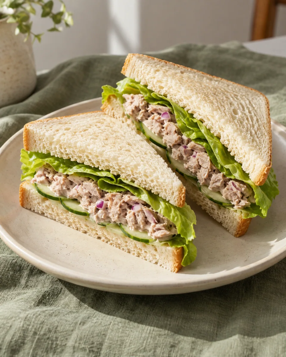 Thunfisch-Sandwich mit Gurke und Salat – KI-generierte Rezeptillustration
