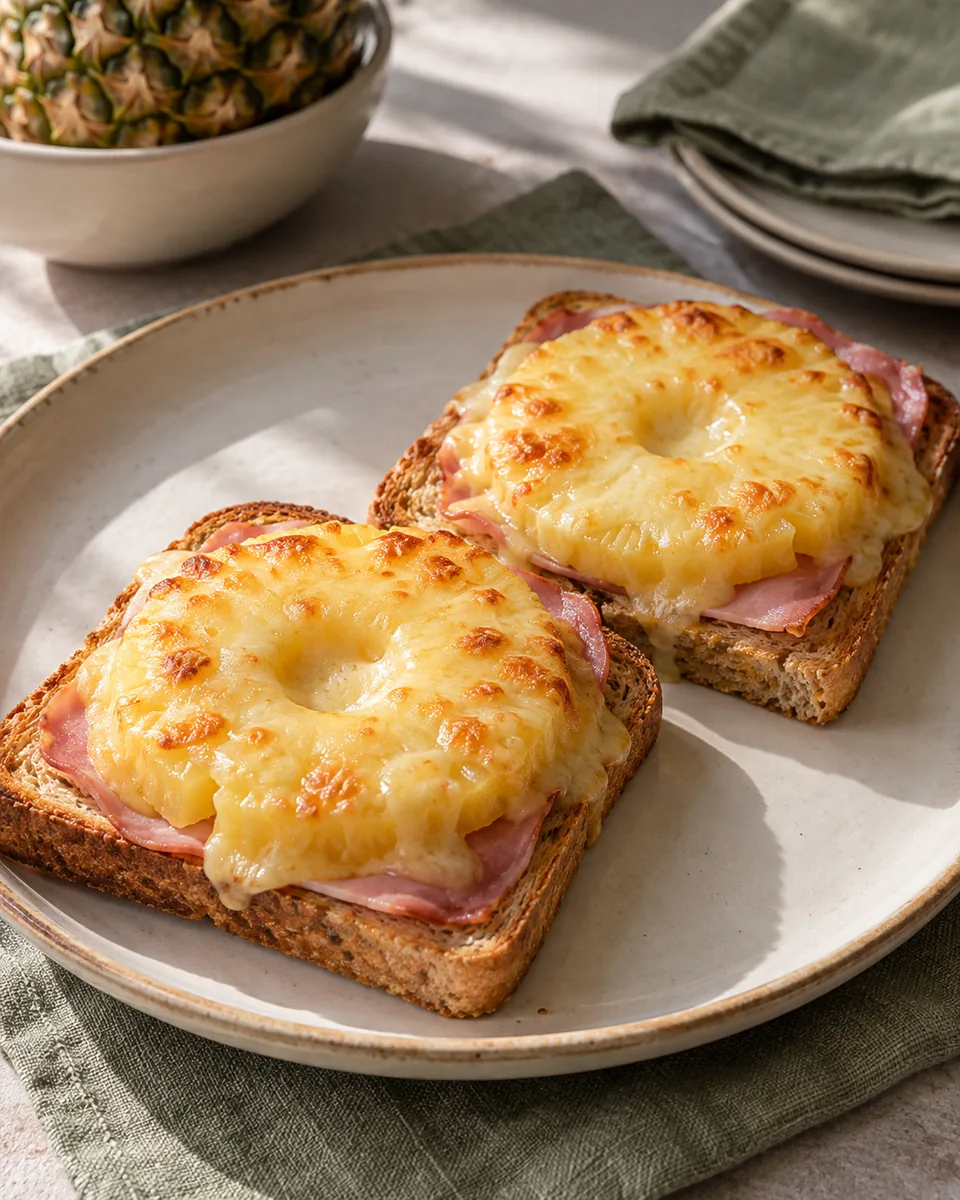 Toast Hawaii mit Schinken und Ananas – KI-generierte Rezeptillustration