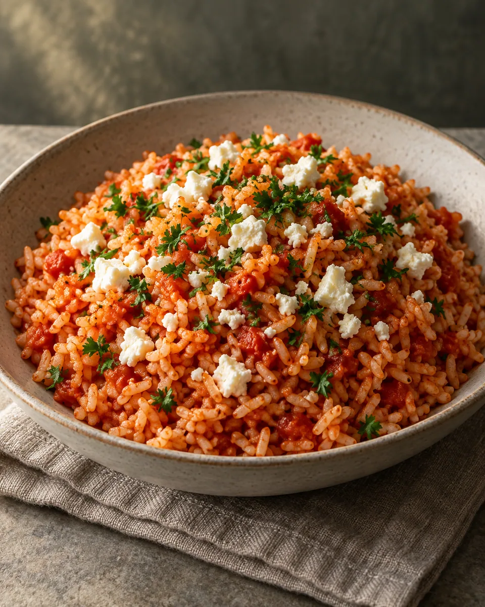 Rötlicher Tomatenreis mit groben weißen Fetastückchen und Petersilie