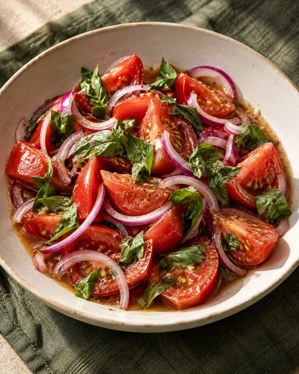 Tomatensalat mit roten Zwiebelringen und Basilikum