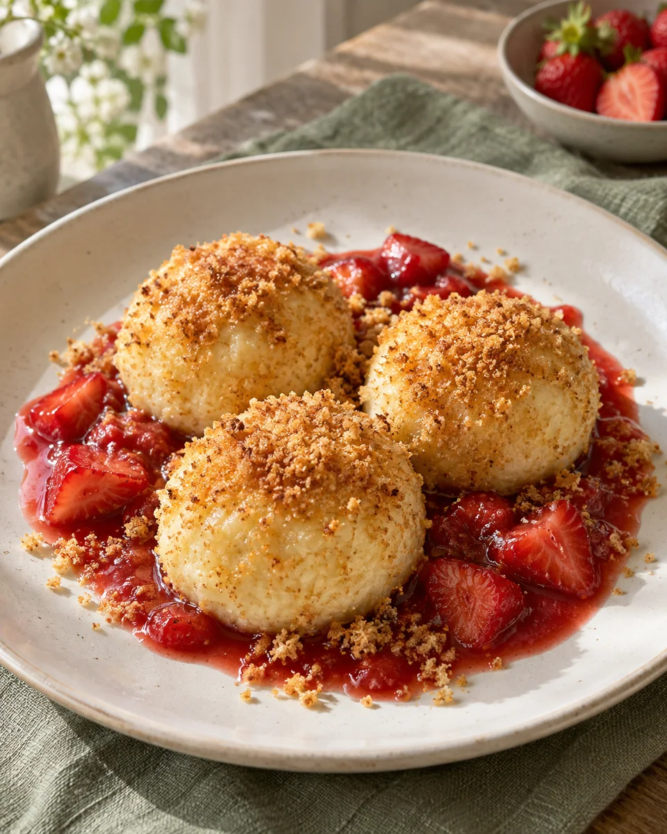 Topfenknödel mit Butterbröseln und Erdbeersauce – KI-generierte Rezeptillustration