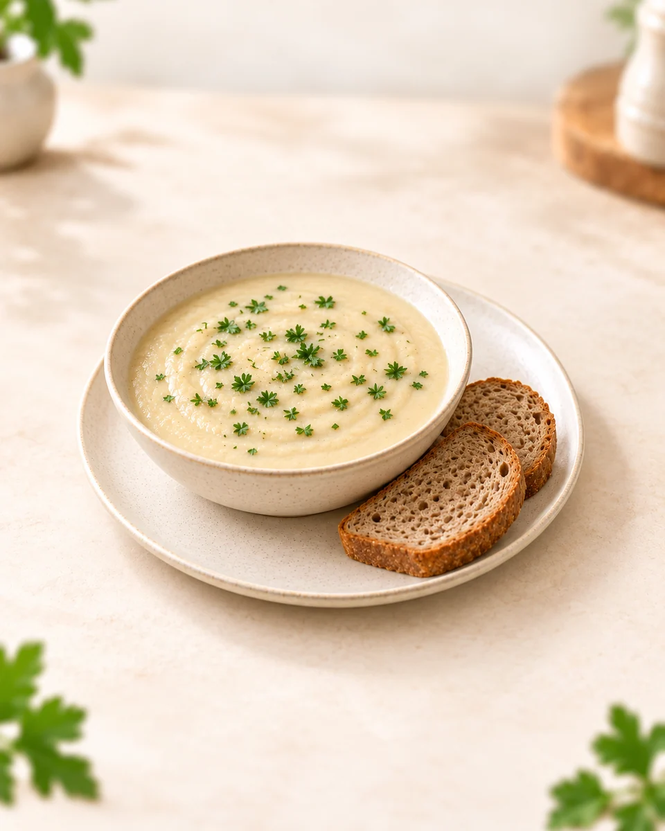 KI-generierte Darstellung: Cremige helle Topinambur-Kartoffelsuppe mit gehackter Petersilie und zwei Scheiben Roggenmischbrot