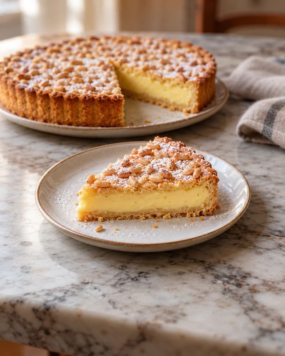 Stück Torta della Nonna mit Mürbeteig, dicker Vanillecreme und Pinienkernen