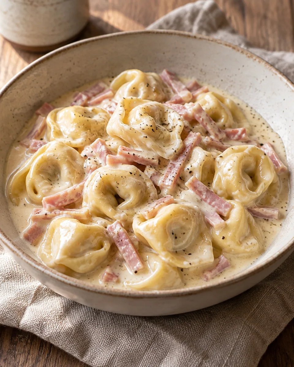 Tortellini mit Schinkenstreifen in heller Sahnesauce