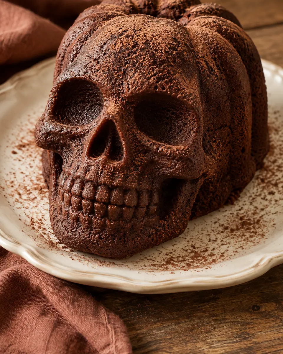 Dunkler geformter Schokokuchen als Totenkopf, dünn mit Kakao bestäubt
