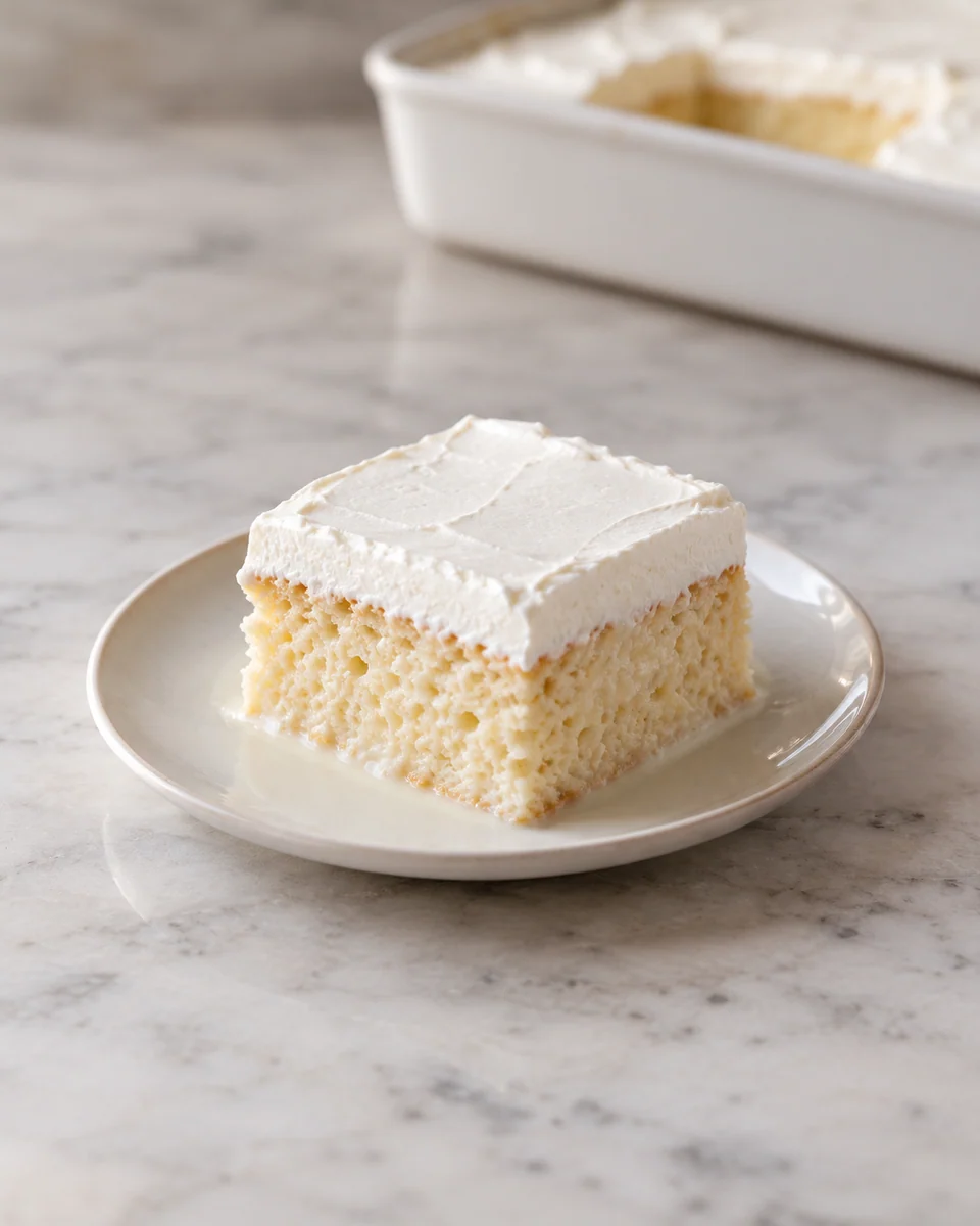 Saftiges Tres-Leches-Kuchenstück mit dünner Sahneschicht und milchiger Tränke