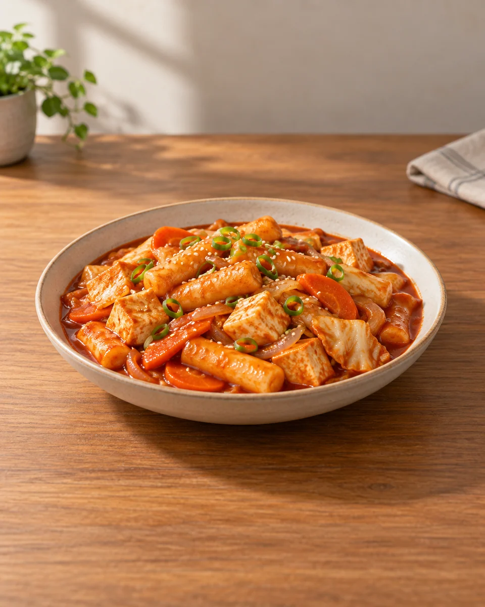 KI-generierte Rezeptdarstellung: Koreanische Reissticks mit Tofu und Gemüse in roter Gochujang-Sauce, Frühlingszwiebeln und Sesam.