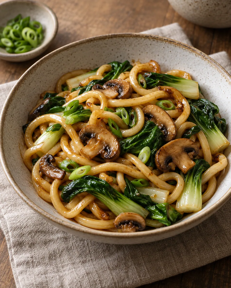 Dicke Udon-Nudeln mit gebräunten Pilzen und grünem Pak Choi