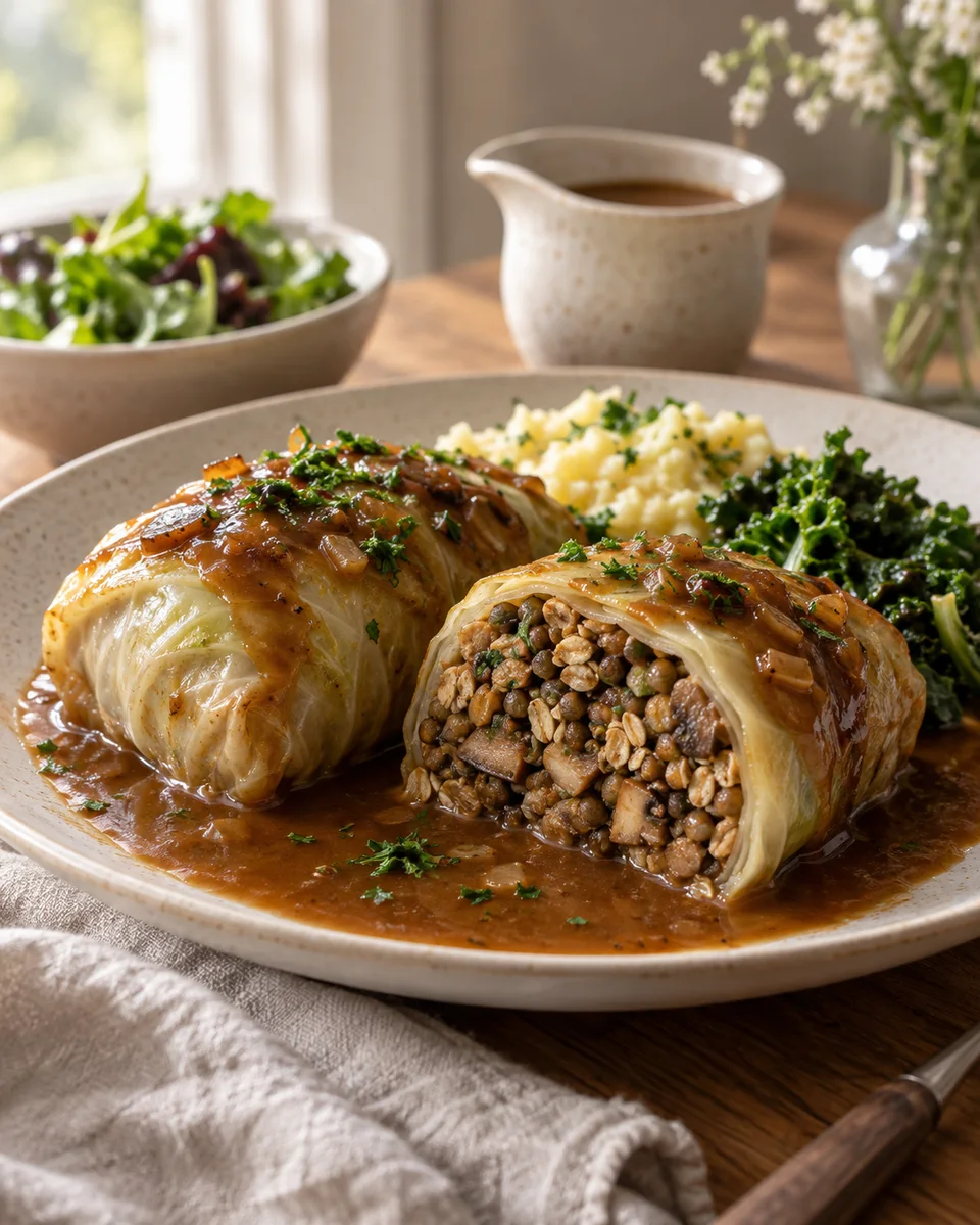 Vegane Kohlrouladen mit Linsen und Pilzen, als fertiges Gericht angerichtet. KI-generierte Rezeptillustration.