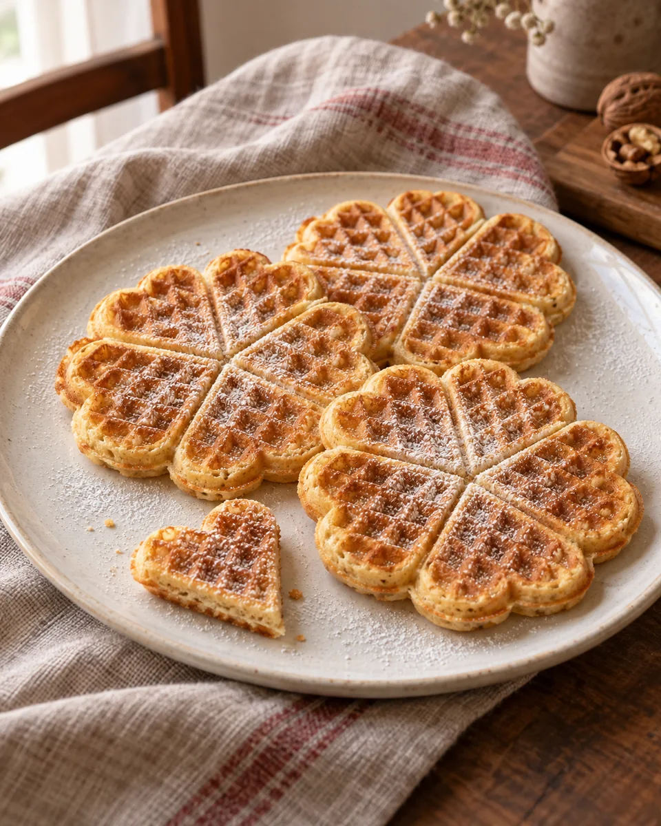Goldene klassische Herzwaffeln mit einer feinen Schicht Puderzucker auf einem hellen Teller