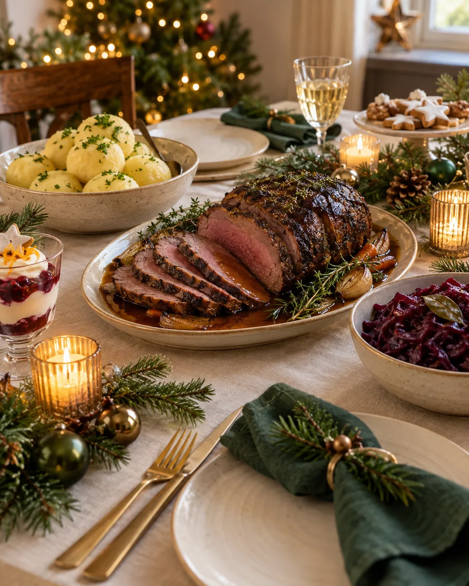 Festlich gedeckter Weihnachtstisch mit Braten, Klößen, Rotkohl und kleinen Desserts
