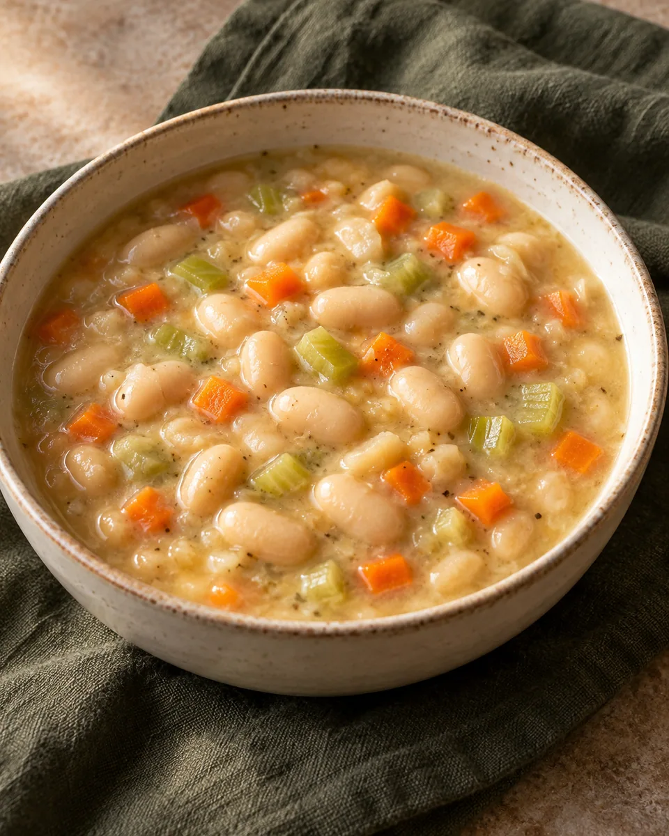 Cremige weiße Bohnensuppe mit ganzen Bohnen, Möhren und Sellerie