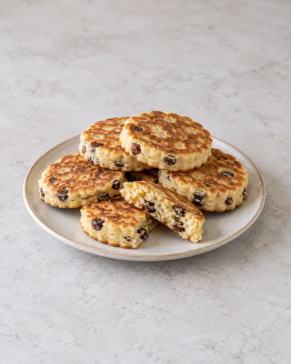 KI-generierte Darstellung: flache goldbraune Welsh Cakes mit sichtbaren Rosinen