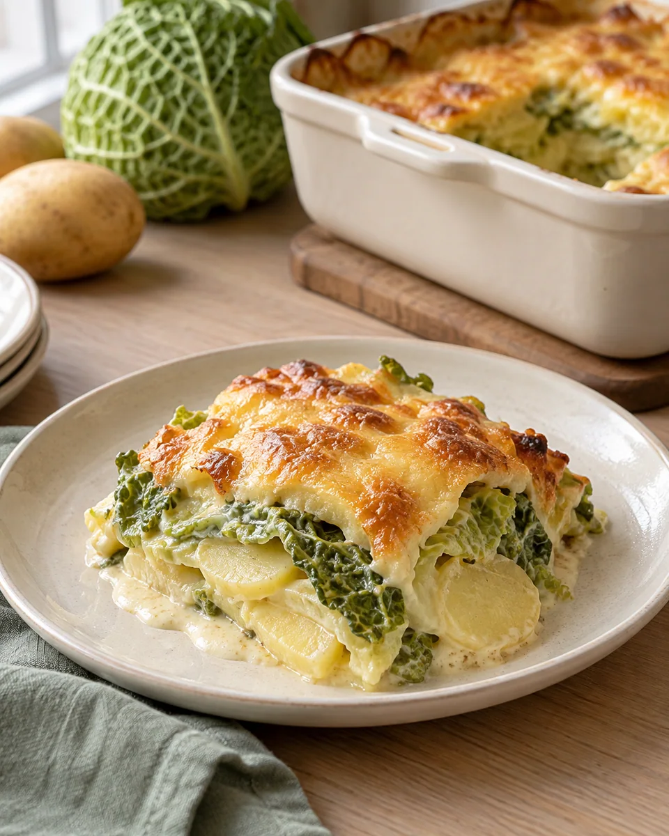 Wirsing-Kartoffel-Gratin mit Käse – KI-generierte Rezeptillustration