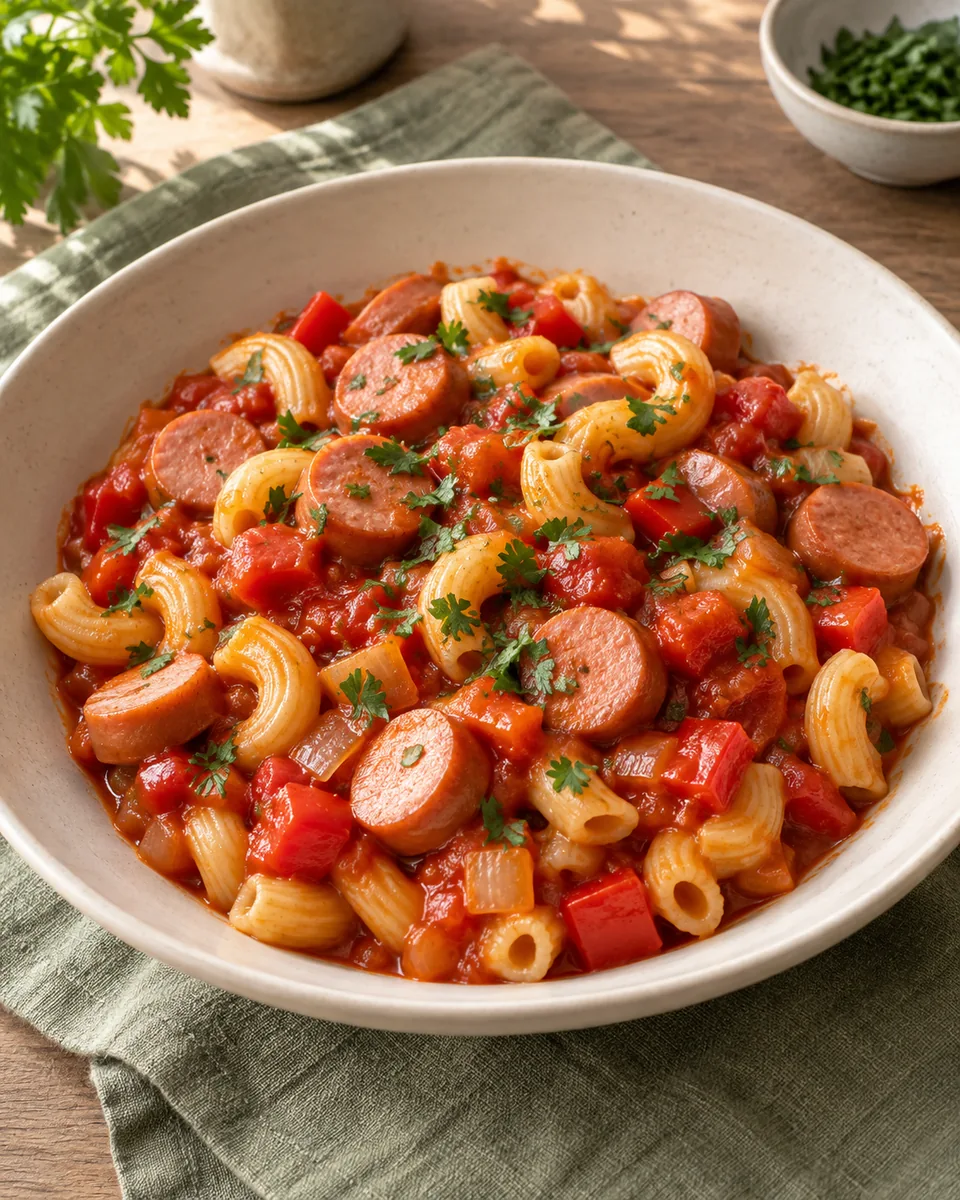 Wurstgulasch mit Paprika und Nudeln – KI-generierte Rezeptillustration