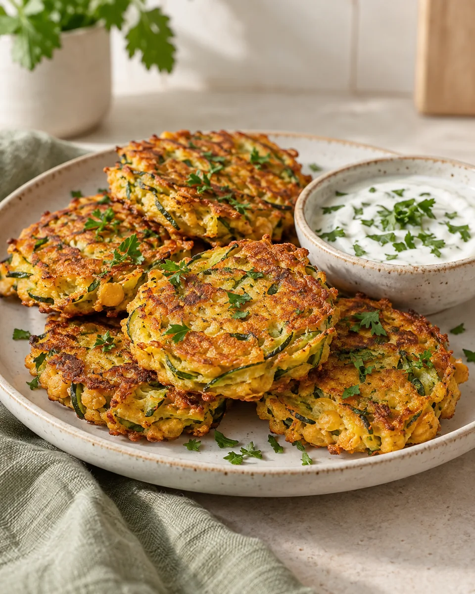Vegane Zucchini-Puffer mit Kichererbsenmehl – appetitlich angerichtete Rezeptillustration