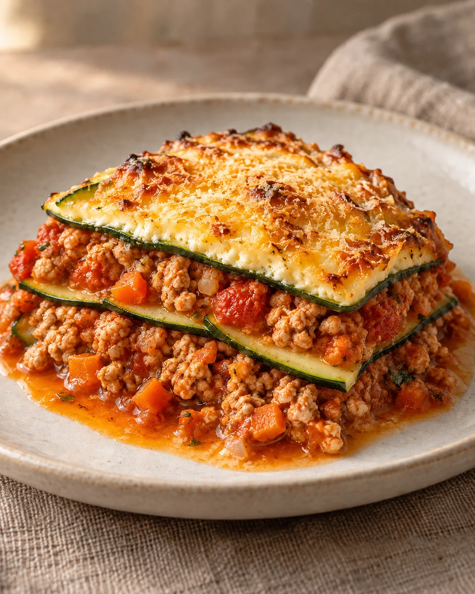KI-generierte Darstellung: Eine vollständige Portion Zucchini-Puten-Lasagne mit Gemüseplatten, Puten-Tomaten-Ragout und gebräunter Ricotta-Parmesan-Decke