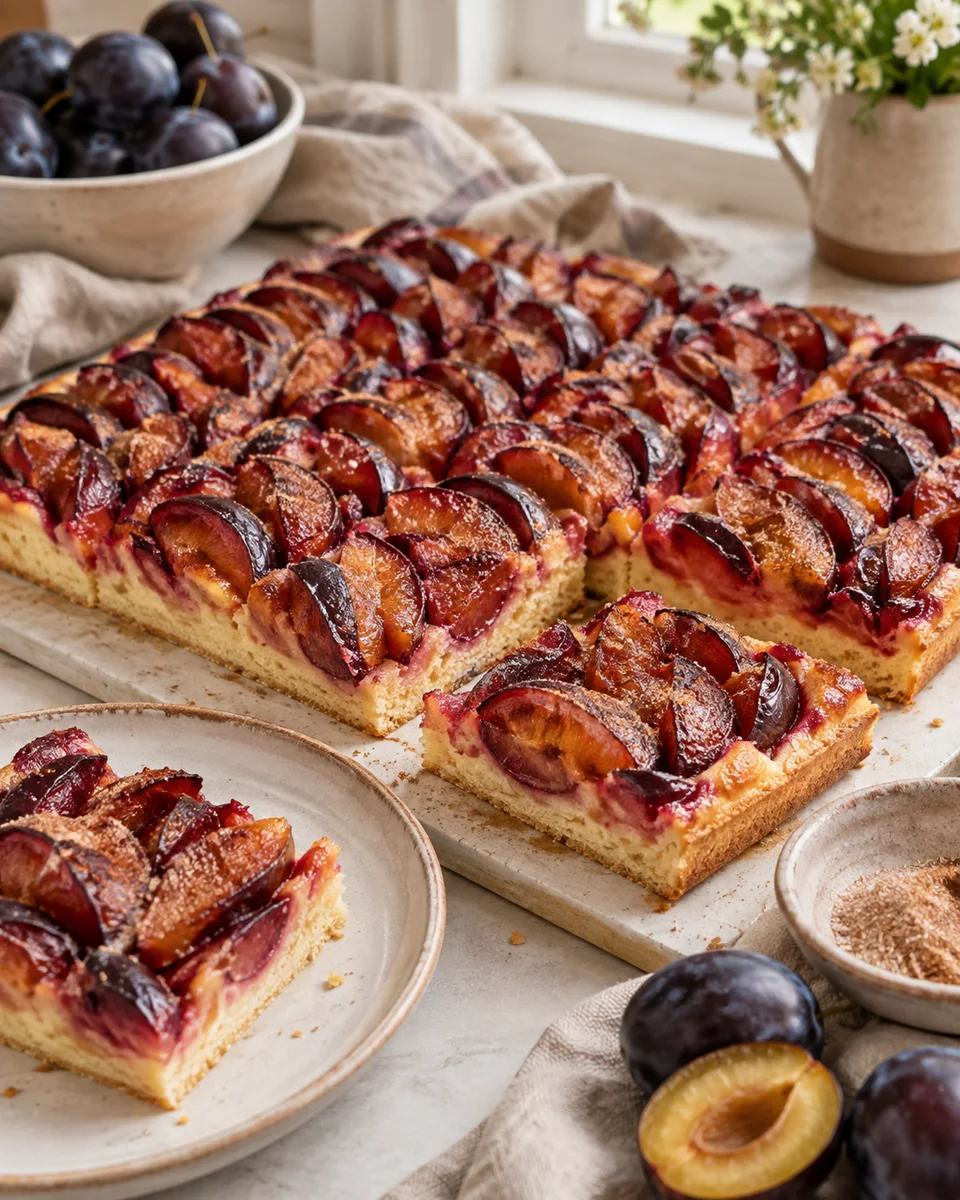Zwetschgenkuchen vom Blech mit Quark-Öl-Teig, als fertiges Gericht angerichtet. KI-generierte Rezeptillustration.