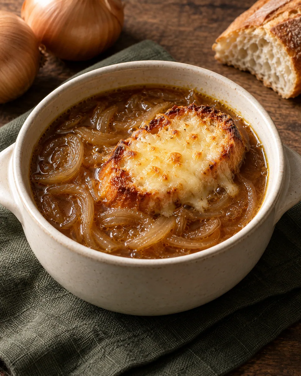 Goldbraune Zwiebelsuppe mit einem separat überbackenen Käsebaguette